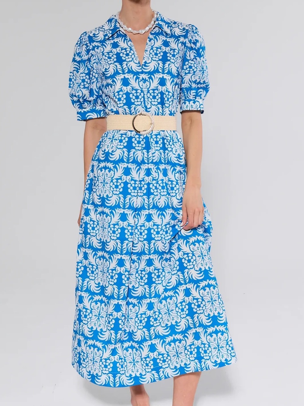 Blue & White Floral Midi Dress Belt not included.